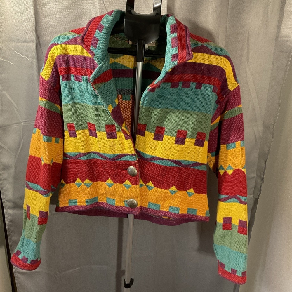 Vtg Painted Pony Cropped Tapestry Blanket Coat Jacket Western Concho Buttons M